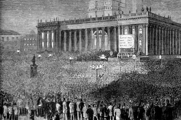 Image of crowd outside Leeds town hall in the 1800s