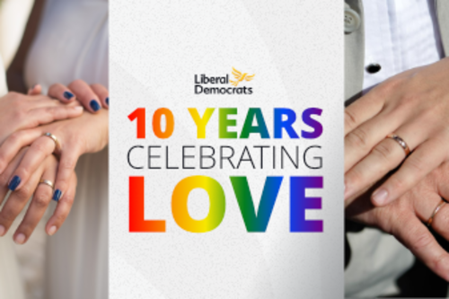 Text reads "10 years celebrating love" in rainbow colours, flanked by two photos showing same-sex couples' hands and their wedding rings