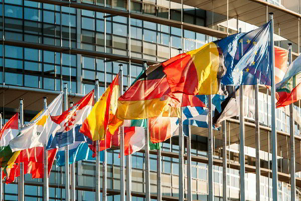 collection of international flags outside building