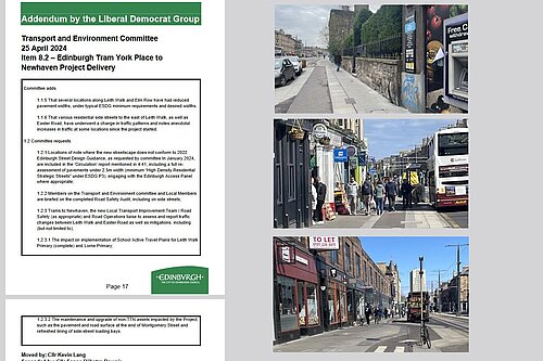 An extract of a Council motion and three images on the right depicting narrow pavements at various stages of Leith Walk